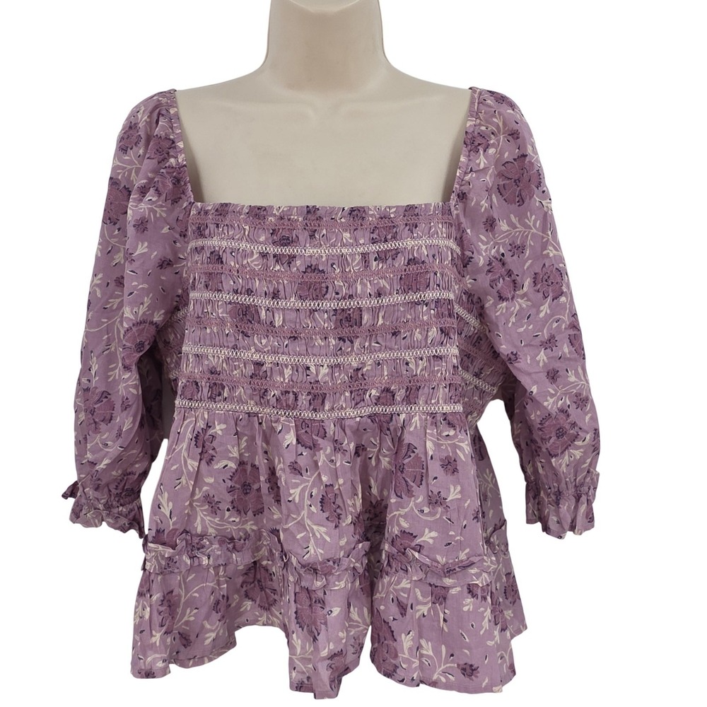 American Eagle Outfitters Lavender Purple Floral Smocked Peasant Top